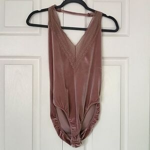 Velvet bodysuit with lace trim and low back. Size large